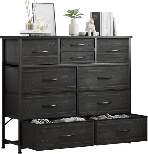 LUMTOK - Cómoda de 10 cajones, cómodas de tela para dormitorio, pasillo, guardería, armarios, marco de acero, parte superior de madera, mango fácil
