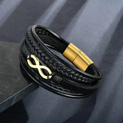 Miniatura 5 de Pulsera de cuero multicapa para hombre, 8.5 pulgadas, color negro o marrón, para hombre
