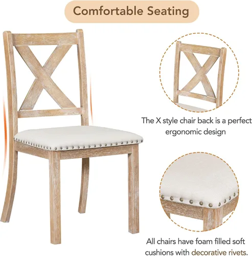 Miniatura 7 de Juego de mesa de comedor compacto de 6 piezas, juego de mesa de comedor de cocina de madera maciza con 4 sillas ergonómicas acolchadas y banco, mesa