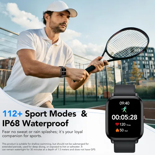 Miniatura 5 de Reloj inteligente para hombres y mujeres (respuestas/hacer llamadas), monitor de fitness con pantalla táctil HD de 1.83 pulgadas, tiempo de Negro