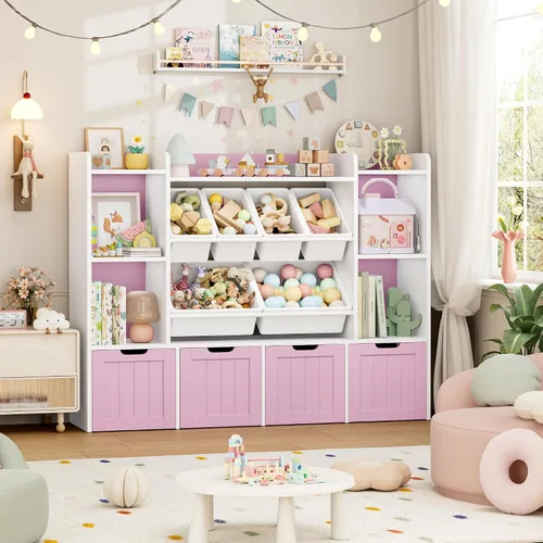 Miniatura 2 de FINETONES Organizador de almacenamiento de juguetes de 55.1 pulgadas con 6 cubos de juguetes, organizador grande de juguetes, estantería para niños
