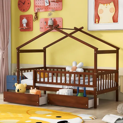 Miniatura 11 de Cama de madera de tamaño individual con dos cajones y techo, cama de plataforma con 2 cabeceros, para dormitorio de niños, adolescentes, niñas