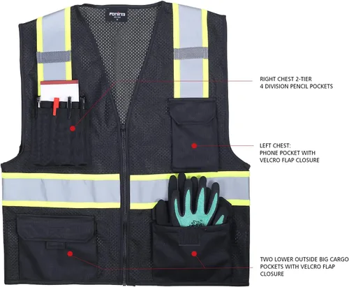 Miniatura 3 de FONIRRA Chaleco de seguridad para hombres de alta visibilidad reflectante, chaleco de trabajo de construcción ANSI clase 2 con bolsillos y Negro