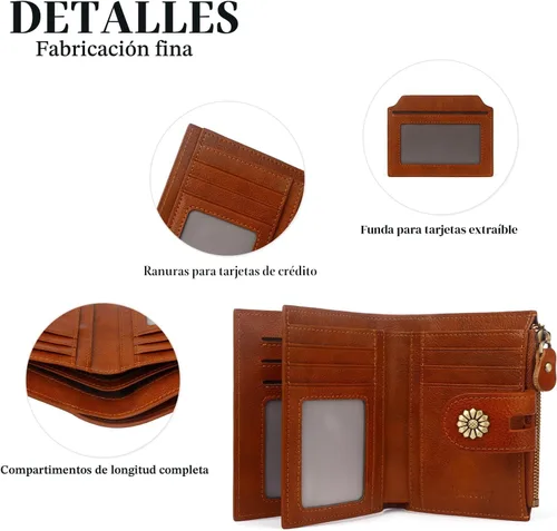 Miniatura 6 de Billetera para mujeres, billetera de cuero plegable de dos pliegues para mujeres con bloqueo RFID, compacta, tarjetero pequeño con ventana