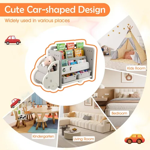Miniatura 7 de Costzon Organizador de almacenamiento de juguetes en forma de automóvil, estante de juguetes de 3 niveles con estantería, 2 cajas de almacenamiento