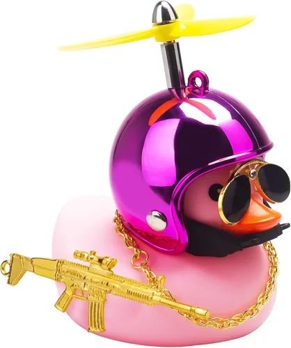Miniatura 12 de wonuu Adornos de pato de goma para tablero de automóvil, juego de decoraciones de pato rosa con casco de hélice, lentes de sol, cadena dorada