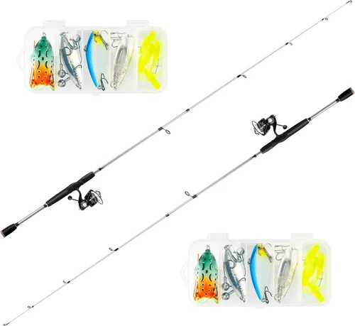 Miniatura 3 de Juego de 2 piezas de caña de pescar y carrete giratorio con señuelos, bolsa de pesca, kit de caña de pescar portátil para agua salada, agua dulce