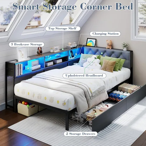 Miniatura 5 de Marco de cama de esquina tamaño twin con estante de almacenamiento y cabecero, cama de plataforma de esquina con luces LED y estación de carga, cama