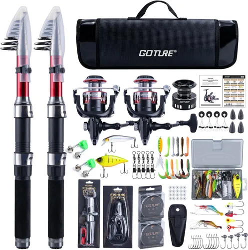 Miniatura 10 de Goture Combos de caña de pescar y carrete - 2 piezas de caña telescópica + 2 piezas de carretes giratorios precargados con bolsa de transporte, kit