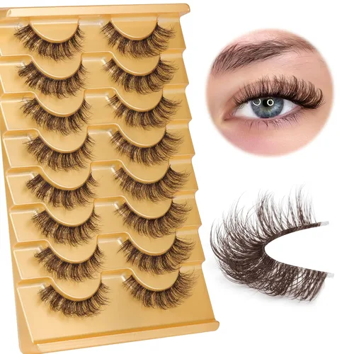 Miniatura 7 de Mavphnee Pestañas postizas marrones, ojo de gato, aspecto natural, extensión de pestañas rizadas D, banda transparente, pestañas marrones, pestañas