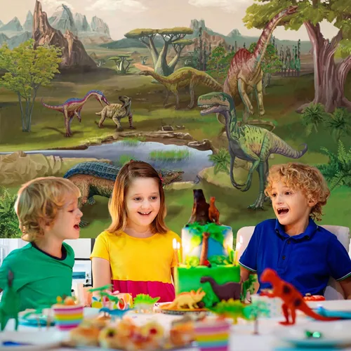Miniatura 2 de Renaiss Telón de fondo de poliéster de 5 x 3 pies con diseño de dinosaurios, selva tropical, safari, bosque, árboles, montaña, lago, selva tropical