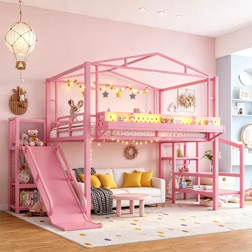 Miniatura 10 de Bellemave Cama Loft de Metal Tipo Casa Tamaño Twin con Tobogán y Escaleras, Marco de Cama Loft Casa de Juegos de Servicio Pesado con Estantes
