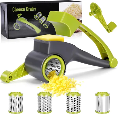 MASTERTOP Rallador de queso, rallador de queso giratorio de mano con 4 tambores de acero inoxidable, ralladores de cocina con manivela para queso,