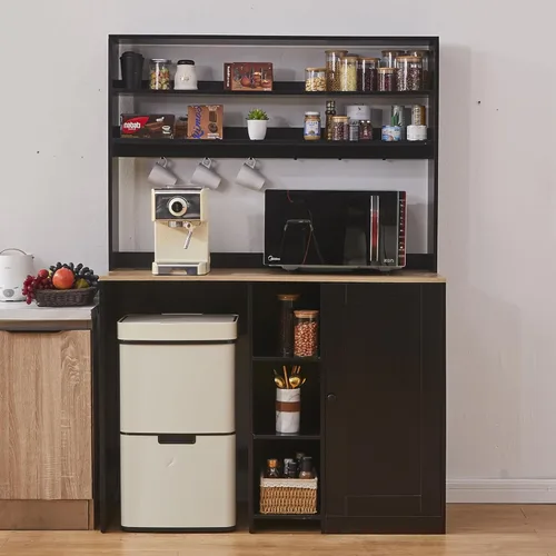 Miniatura 9 de Mini gabinete de nevera con almacenamiento, gabinete de barra de café con espacio para refrigerador pequeño y toma de corriente, gabinete de bar