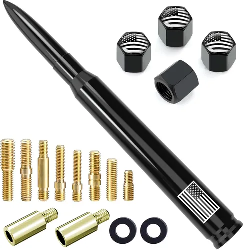 Miniatura 26 de Antena de camión para automóvil con tapas de válvula de neumáticos, bandera estadounidense, repuesto corto universal para GMC Sierra, Chevy, Negro