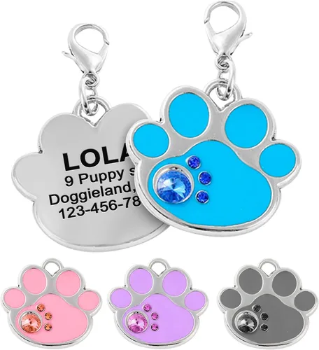 PAWNIMALS Etiqueta de identificación para perro con forma de pata de acero inoxidable grabada con láser personalizada, lindas etiquetas de nombre de