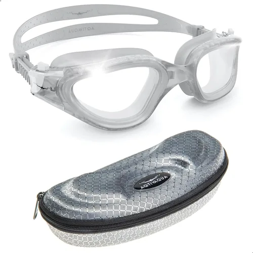 Miniatura 38 de AqtivAqua DX - Gafas de natación con visión amplia para adultos, hombres y mujeres, antiempañamiento y sin fugas Gafas negras + funda plateada