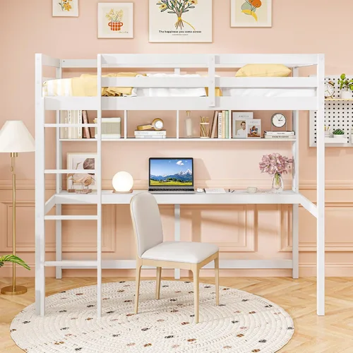 Miniatura 9 de Giantex Cama alta individual con escritorio y estantería, marco de cama alta de madera maciza con barandillas de seguridad y escalera, marco de cama