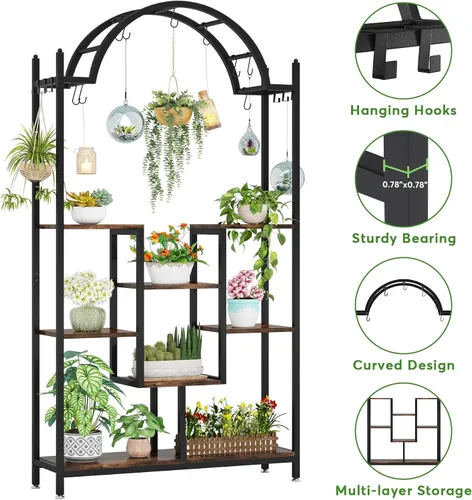Miniatura 6 de Tribesigns Soporte alto para plantas de interior de 5 niveles, estante de flores de metal arqueado de 74.8 pulgadas con ganchos para colgar, estante