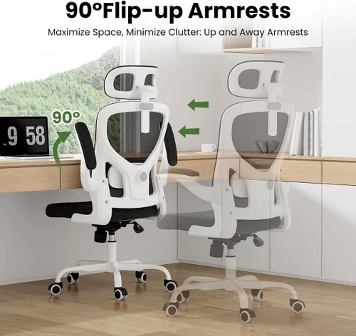 Miniatura 6 de Silla de oficina ergonómica, silla de escritorio giratoria de malla con respaldo alto, soporte lumbar ajustable, reposacabezas y reposabrazos Negro