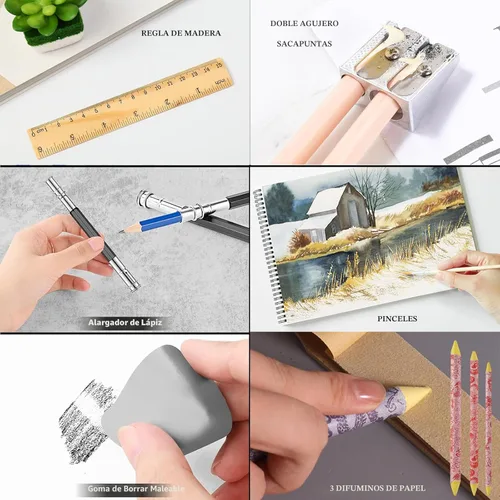 Miniatura 8 de Kit de 100 suministros de arte para dibujo, juego de suministros de dibujo profesional con cuaderno de bocetos de 3 colores, libro para colorear