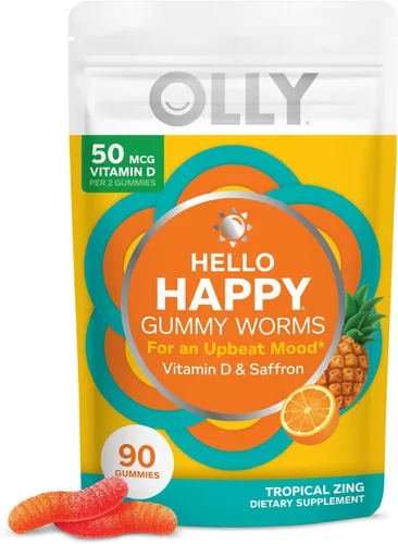 Miniatura 12 de OLLY Hello Happy Gummy Worms, apoyo para el equilibrio del estado de ánimo, vitamina D, azafrán, suplemento masticable para adultos, zing tropical
