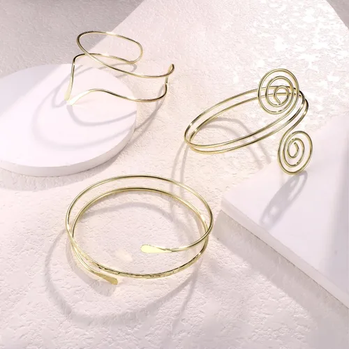 Miniatura 6 de FINREZIO 3 piezas de brazalete de brazo superior abierto brazaletes de brazalete simple espiral espiral brazalete conjunto de joyería Dia.3" Tono