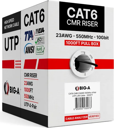 Big-A Cable Ethernet Cat 6 de 1000 pies, negro, cable Cat6 a granel, elevador UTP CMR sólido de 23 AWG, cable LAN de Internet de red de 550 MHz,