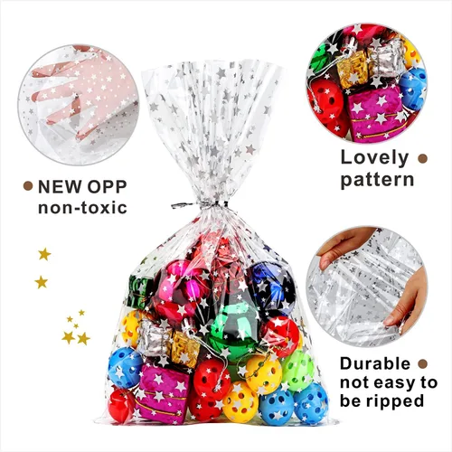 Miniatura 3 de 100 bolsas de celofán con estampado de estrellas plateadas de 5 x 11 pulgadas, bolsas de celofán transparentes para galletas, con lazos giratorios