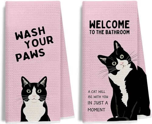 Divertidas toallas de mano de baño con esmoquin rosa, decoración de baño para gato, toallas de mano de gatito blanco y negro para baño, 16 x 24