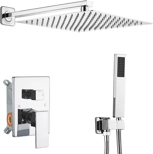 Miniatura 28 de Sistema de ducha negro mate de 10 pulgadas para baño, juego combinado de ducha de lujo con mezclador de lluvia, montado en la pared, grifo de ducha