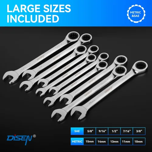 Miniatura 2 de DISEN Juego de 10 llaves de trinquete SAE y métricas con organizador de estante, acero CR-v premium, 12 puntos, 72 dientes, extremo de caja