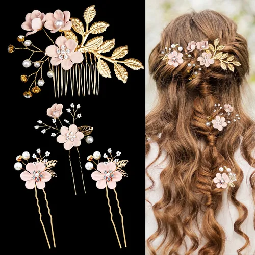 BOYIVI 4 accesorios para el cabello de boda, peines y alfileres para el cabello de novia con perlas rosas, tenedores de pelo vintage para novias,