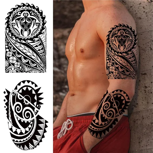 Miniatura 3 de Tótem tribal temporal para hombres, tatuaje falso polinesio de tortuga hawaiana negra grande para hombres adultos, de larga duración, realista