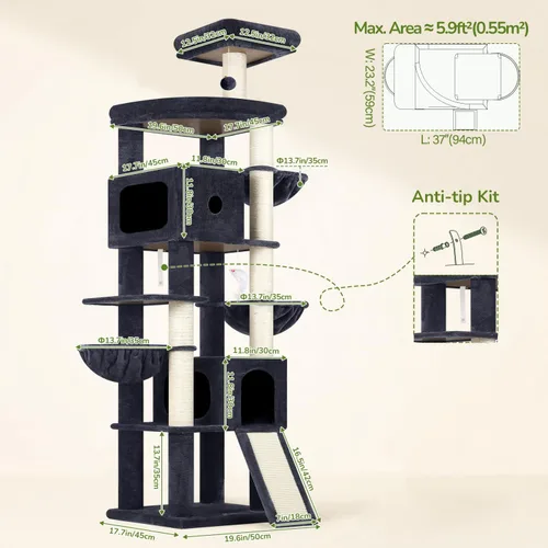 Miniatura 6 de Globlazer Árbol para gatos resistente de 83 pulgadas, torre gigante para gatos con 2 condominios y 3 cestas colgantes, condominio alto de varios