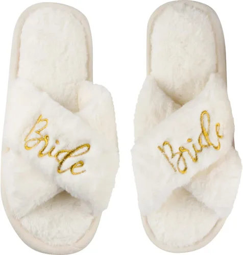 Miniatura 7 de Bride Slippers and Bridesmaid Slippers Bride Gifts for Bridal Shower, Bachelorette Party, Engagement Party, Wedding Day, etc. Cozy White Fur Bride