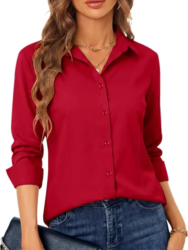 Miniatura 25 de BBIBBI Camisa de vestir elástica de manga larga con botones para mujer, blusa de trabajo casual de negocios (clásica, recortada y alta)