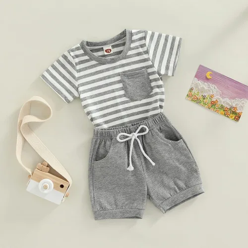 Miniatura 17 de Conjunto de ropa casual de manga corta con botones y pantalones cortos de lino para bebés y niños pequeños