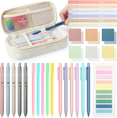 Miniatura 12 de 30 piezas de suministros escolares estéticos con estuche, 6 lápices mecánicos, 5 bolígrafos, 5 bolígrafos de secado rápido, 6 resaltadores pastel