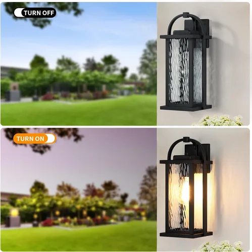 Miniatura 5 de Lámparas de pared para exteriores de 15 pulgadas, aplique de pared negro mate exterior con vidrio ondulado de agua, antioxidante, impermeable, luces