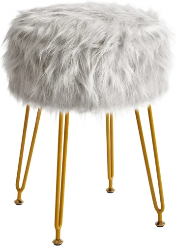 Miniatura 4 de IBUYKE Taburete de Vanidad Redondo de Piel Sintética con Almacenamiento, Silla Otomana de Maquillaje Peluda, Asiento Acolchado Suave, Reposapiés