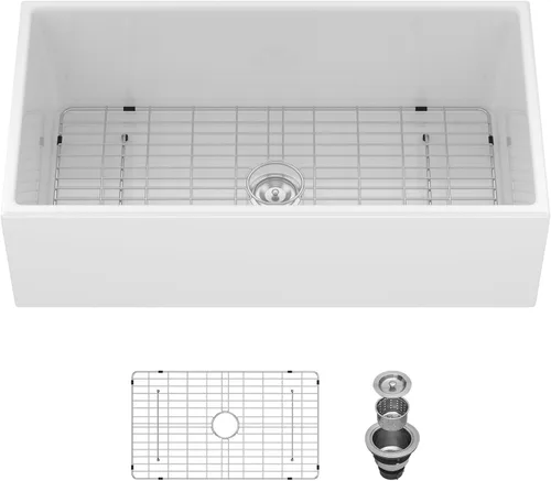 Miniatura 14 de Fregadero de 33 unidades de arcilla refractaria de 33 x 20 x 10 pulgadas, color blanco, fregadero de cocina de porcelana de cerámica, estilo casa