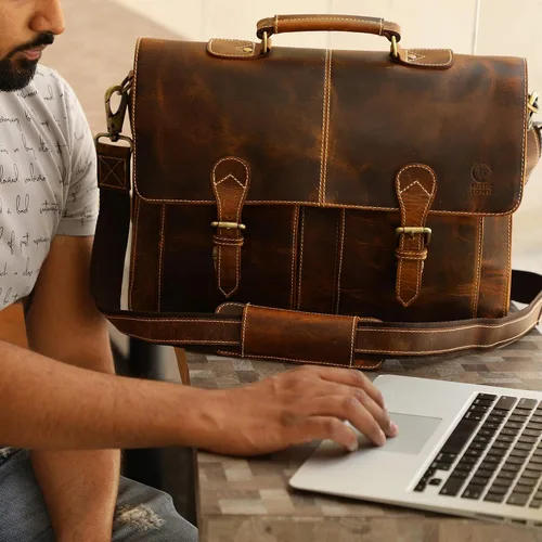 Miniatura 2 de RUSTIC TOWN Bolso de mensajero de cuero hecho a mano para hombre, bolso de mensajero para portátil de 16 pulgadas