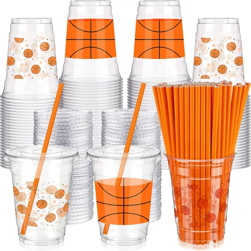 Yaomiao 300 Piezas Vasos de Plástico de Baloncesto de 12 oz con Tapas y Pajitas Vasos Transparentes Desechables de Plástico Feliz Fiesta Temática de