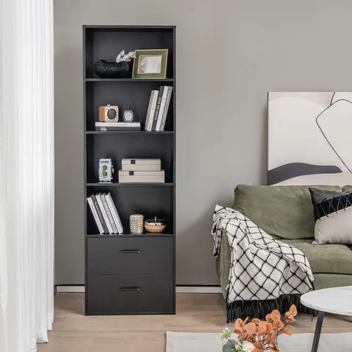 Miniatura 5 de LOKO Estantería de 74 pulgadas de alto, gabinete de almacenamiento alto moderno de 6 niveles con 2 cajones y 4 estantes abiertos, estantería de Negro