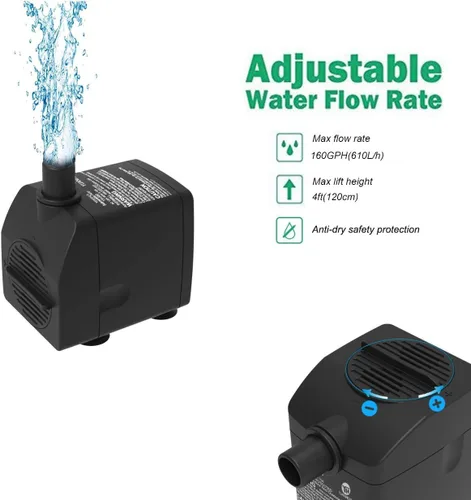 Miniatura 2 de Bomba de agua sumergible ultra silenciosa con protección de combustión en seco 160 GPH para fuentes, hidroponía, estanques, acuarios y más