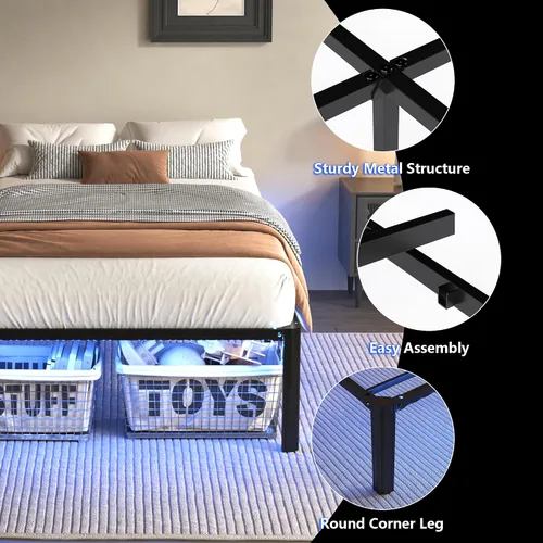 Miniatura 4 de DORITRON Base de cama individual con luces LED, plataforma de metal resistente de 14 pulgadas, tamaño individual con estación de carga, no necesita