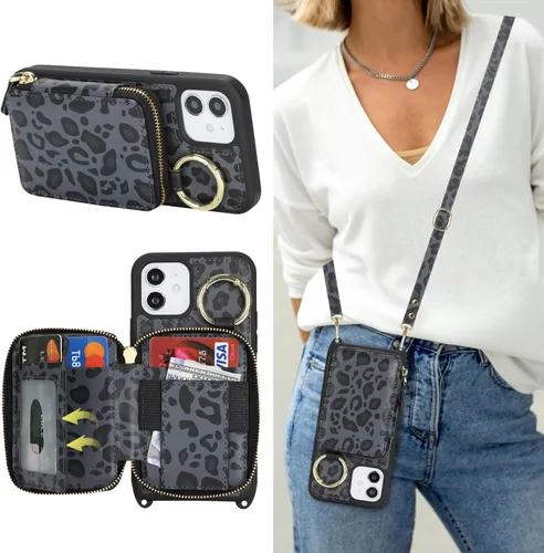 Miniatura 53 de Funda Cartera Bandolera para iPhone 11, Cuero PU Cremallera Bolso Cartera Funda Plegable con Tapa, Funda Folio con Soporte con Ranuras para Tarjetas