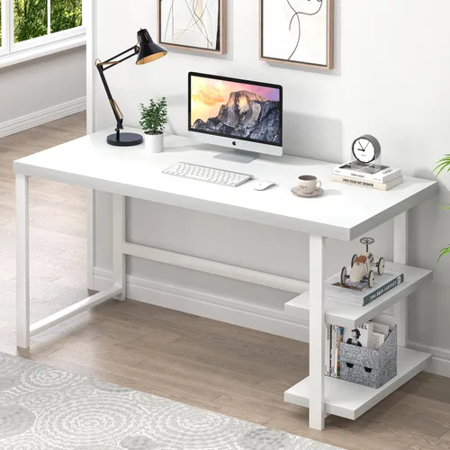 EXCEFUR Escritorio blanco para computadora, moderno escritorio de oficina en casa con estante de almacenamiento, mesa de estudio de escritura de