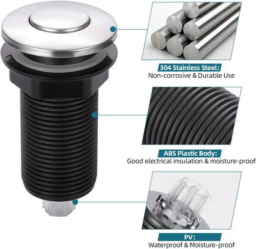 Miniatura 4 de RQYEKDO Interruptor de aire para eliminación de basura, parte superior de fregadero de cocina, acero inoxidable, níquel cepillado, largo, 2.5